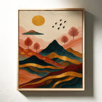 Golden Sun Over Vibrant Mountain Landscape Art Print