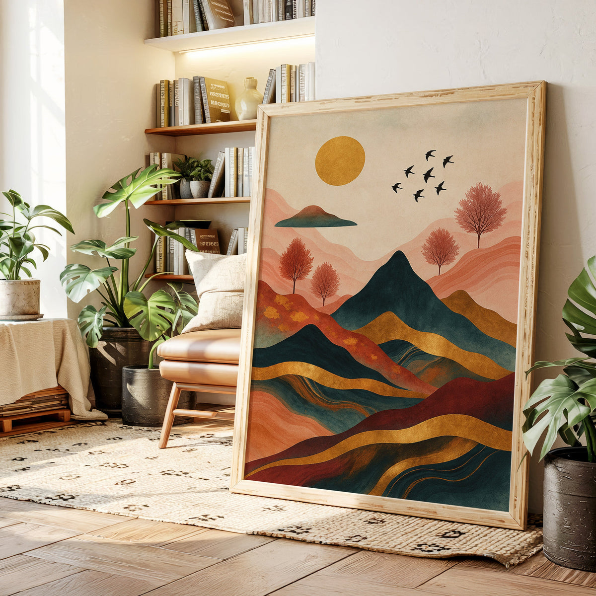 Golden Sun Over Vibrant Mountain Landscape Art Print
