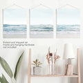 Blue Waves, Sandy Beach. Minimalist 3 Piece Wall Decor