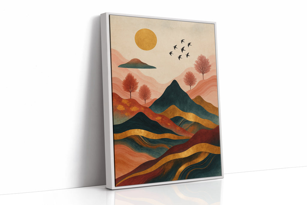Golden Sun Over Vibrant Mountain Landscape Art Print